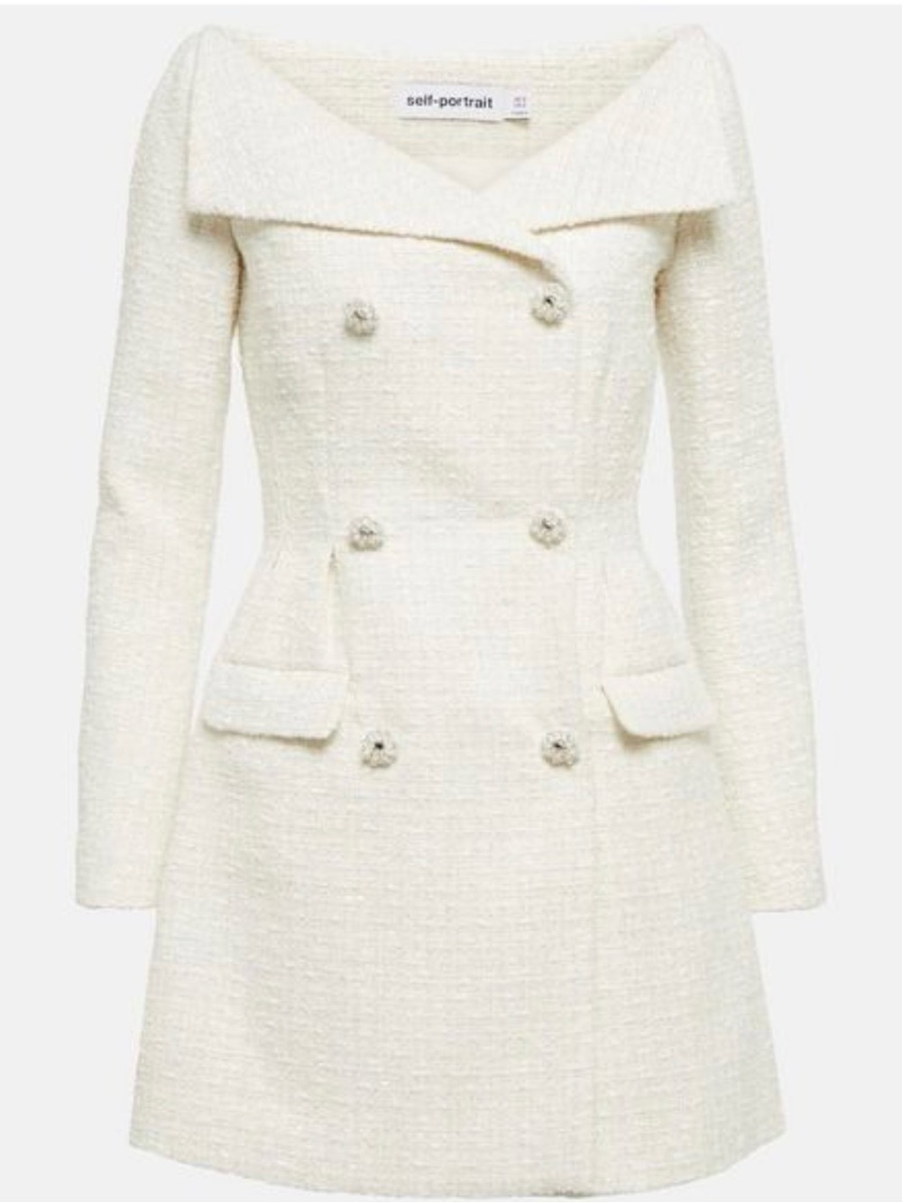 Self-Portrait Ivory Double Breasted Cream Metallic Boucle Mini Dress NWT
